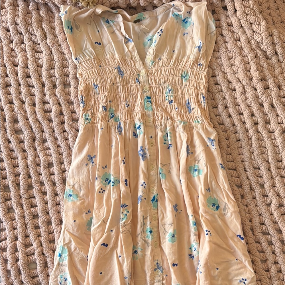 Free People Cream and Blue Smocked Sundress